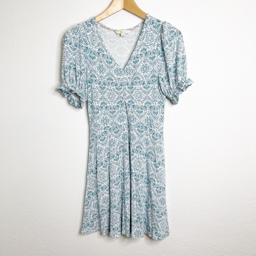 Boden Teal White Geometric Tile Print V-Neck Puff Sleeve Pocket Mini Dress 2P